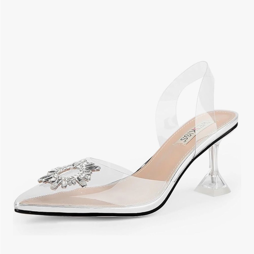wetkiss Silver Heels with Rhinestones, Strappy Closed Toe Pumps for Women size 8